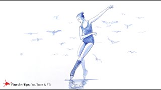 HOW TO DRAW A BALLERINA DANCING WITH BIRDS - Pen & Ink - Fountain Pen and Brush Pen screenshot 5