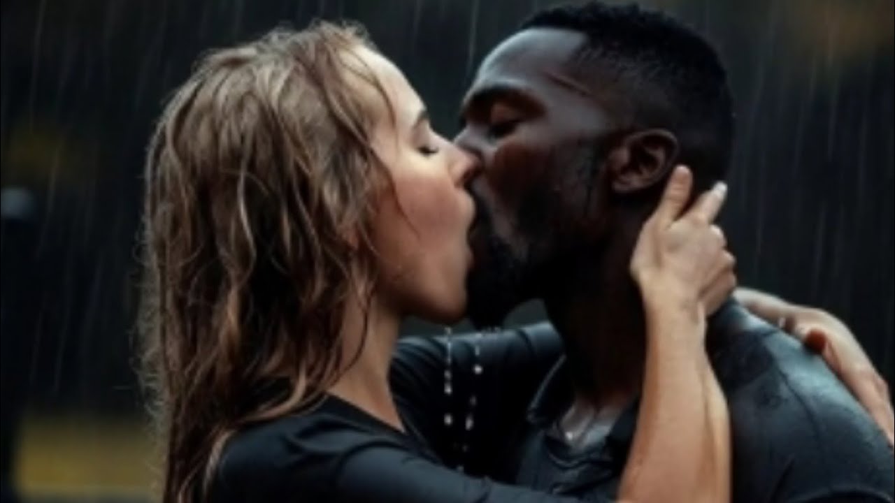 Interracial couple passionately kissing in rain. 