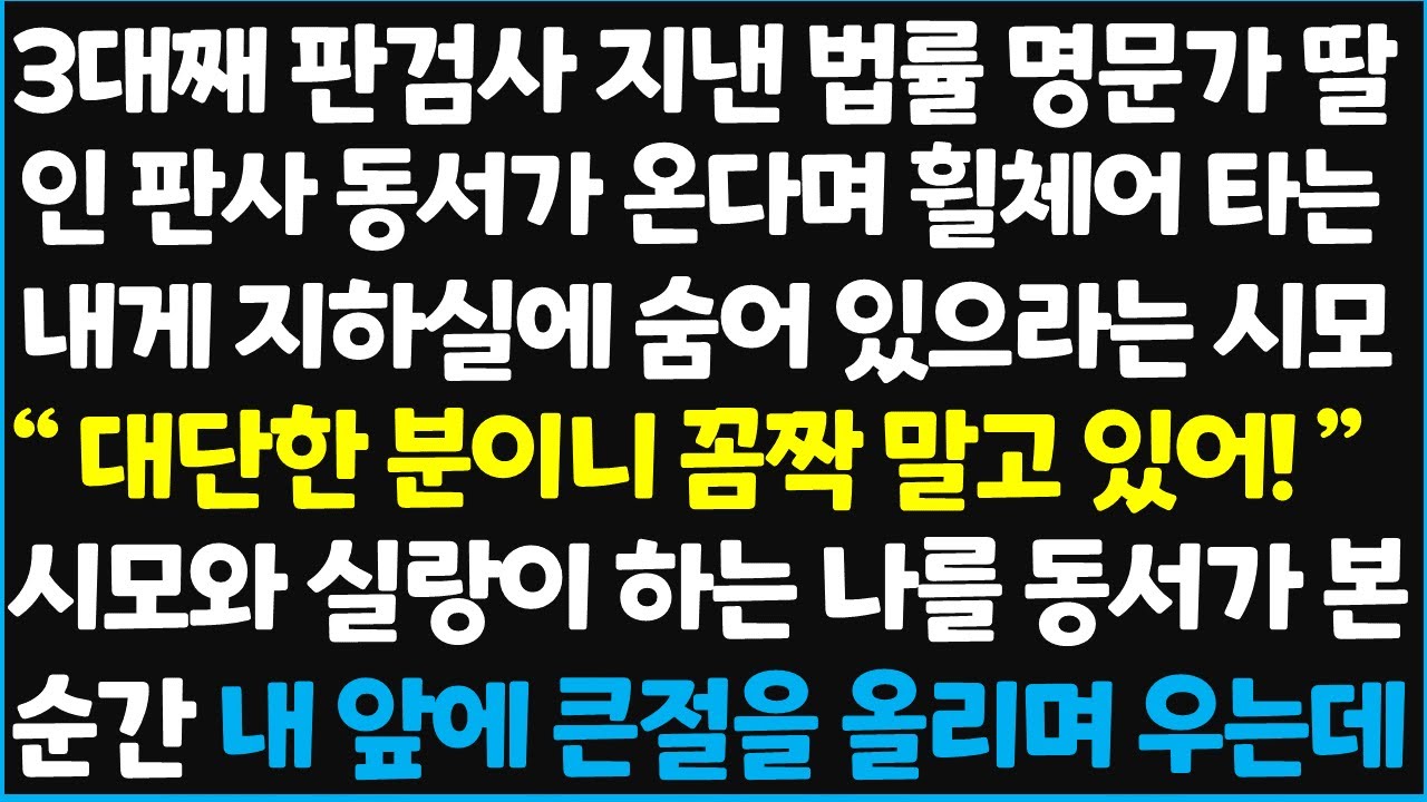 (신청사연) 3대째 판검사 지낸 법률 명문가 딸인 판사 동서가 온다며 휠체어 타는 내게 지하실에 숨어 있으라는 시모 