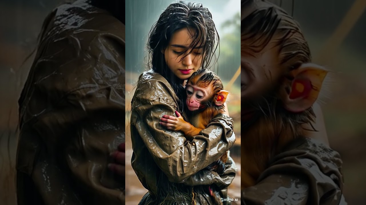 Heartwarming Moment: Woman Comforts Baby Monkey in the Rain