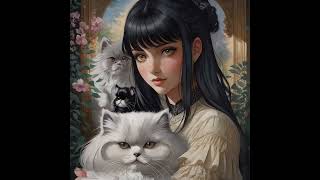 beautiful girl with black hair, with a fluffy Persian cat in her arms, in the style of Anna Dittmann