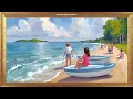 PERFECT Fishing Day on the Beach | Gold Framed Art | Oil Painting | Screensaver 4K | No Sound Video