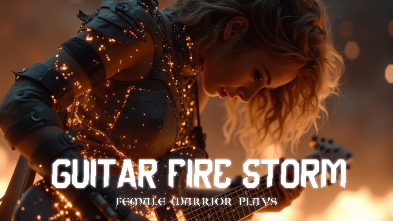 Воительница-Гитаристка в Доспехах: Эпическая Фэнтези, Музыка Метал Битвы Иллюстрация Концепт