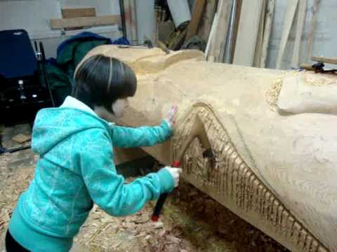 Carving a Tsimshian totem pole