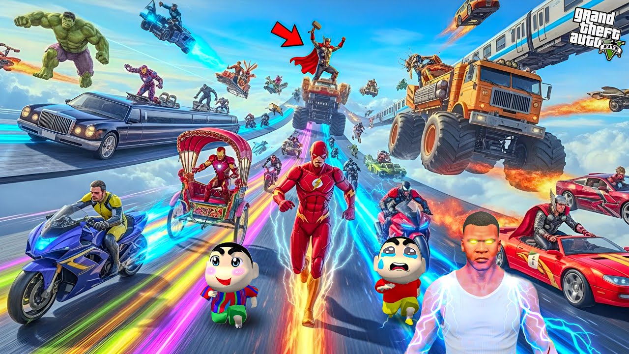 GTA 5 Franklin & Shinchan And Avengers Team Ultimate Ramp Jump Challenge in GTA 5! Bangla Gameplay