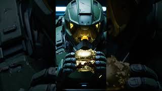 master chief eating a gold burger