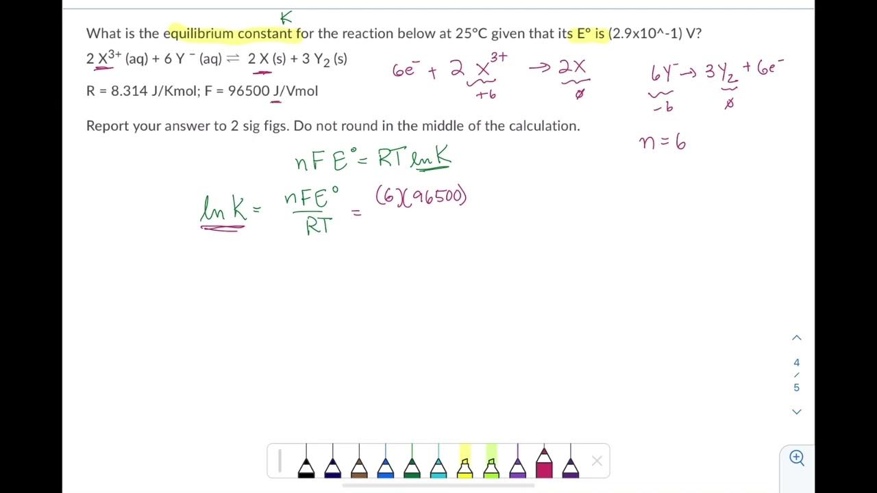 Calculate Equilibrium constant from cell potential YouTube
