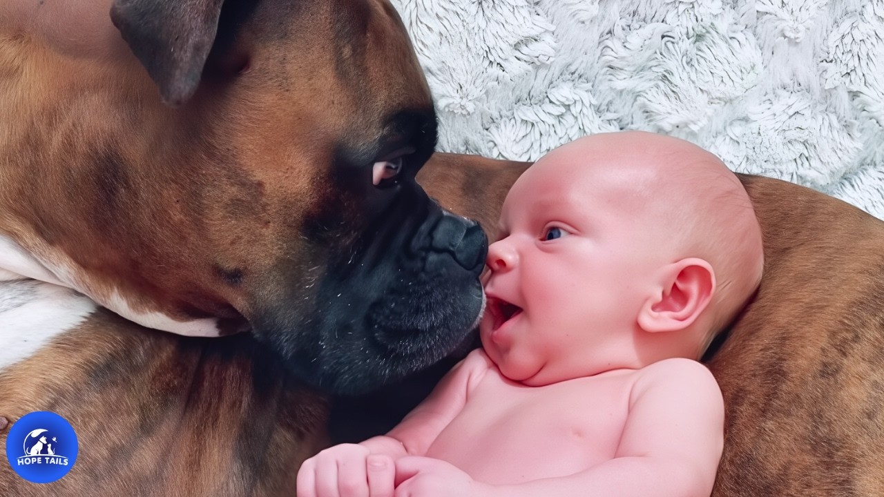 Первые шаги малыша делает собака, которая никогда не отходила от него ни на шаг.