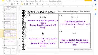 Reading Algebraic Expressions Notes/Task Cards