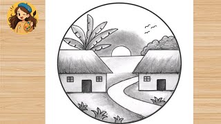 Easy circle scenery drawing /Easy drawing ideas for beginners/ How to draw pencil sketch drawing