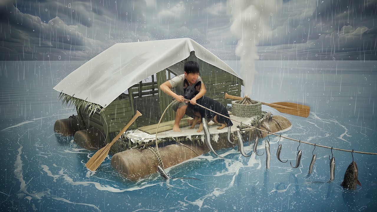Heavy Rain Hit Our Floating Trash Raft (Ep3) | Multi-Hook Fishing & Crab Catching with My Dog