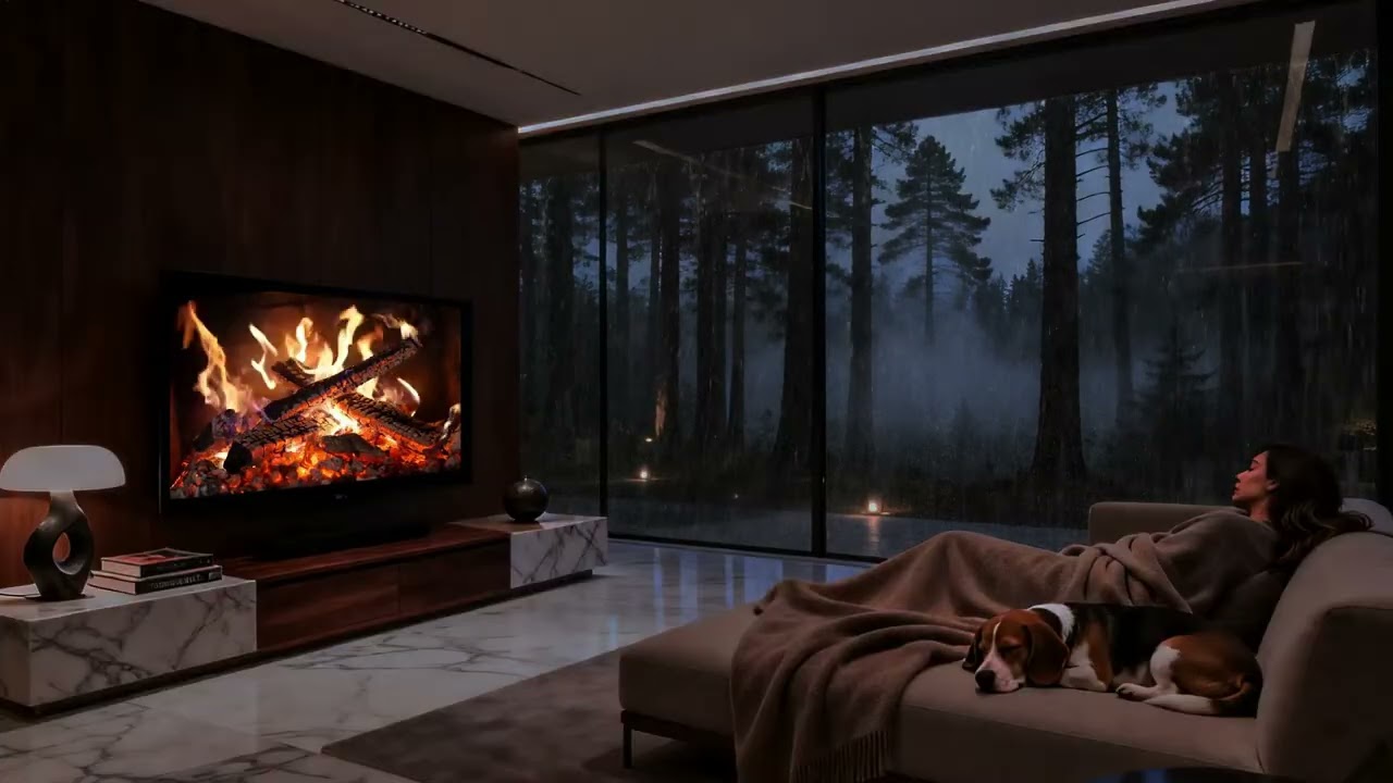 Rainy Night Ambience 🌧️ | Soft Rain & Crackling Fireplace Indoors
