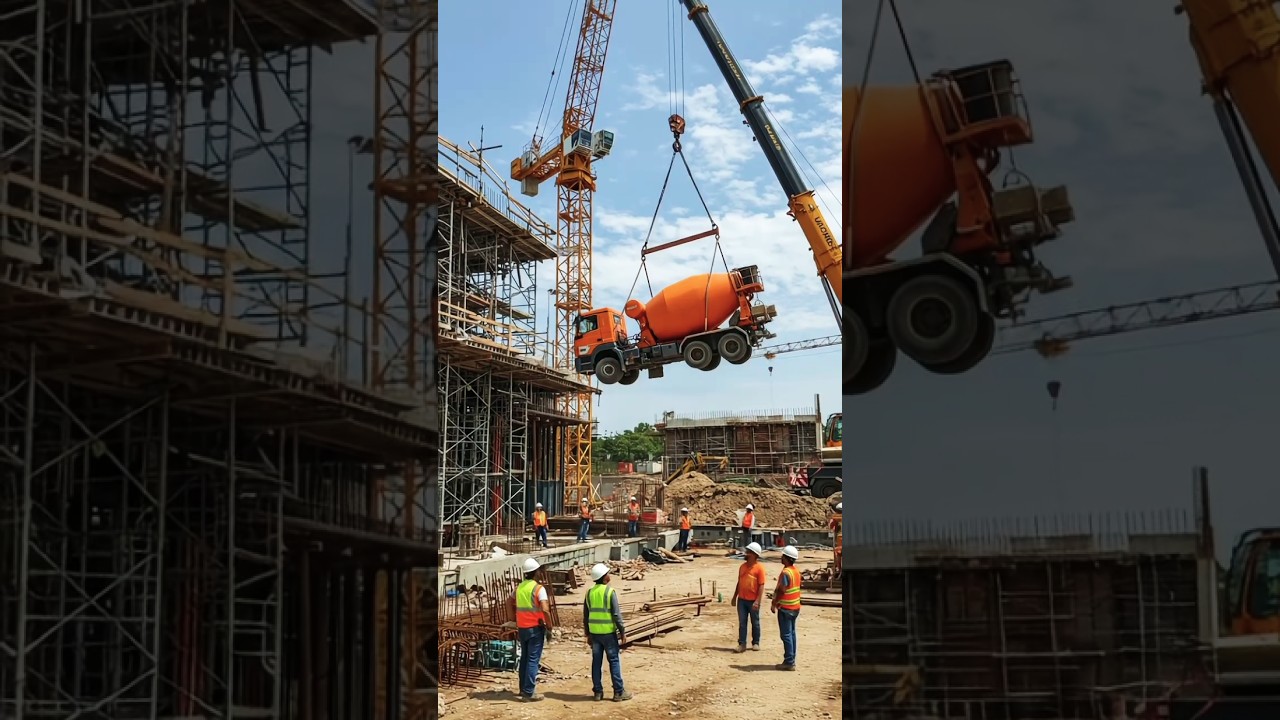 Tower crane lifts cement truck onto building construction site.