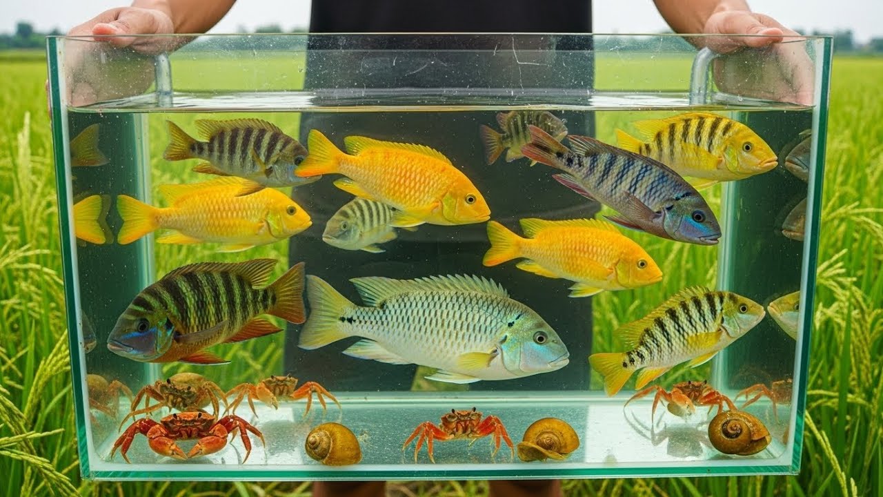 Catching Giant Colorful Fish, Crabs & Snails in a Rice Field | Realistic POV Aquarium Catch