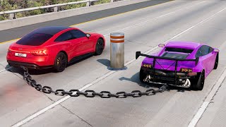 Chained Cars vs Bollards - BeamNG.Drive