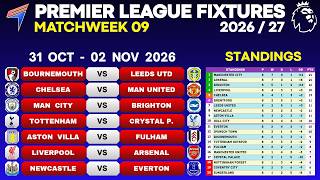 EPL FIXTURES - Matchweek 9 • EPL Table Standings Today • EPL Fixtures This Weekend • 31Oct-2Nov 2026