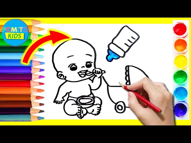 Bebé con su biberón. Dibujo infantil para pintar