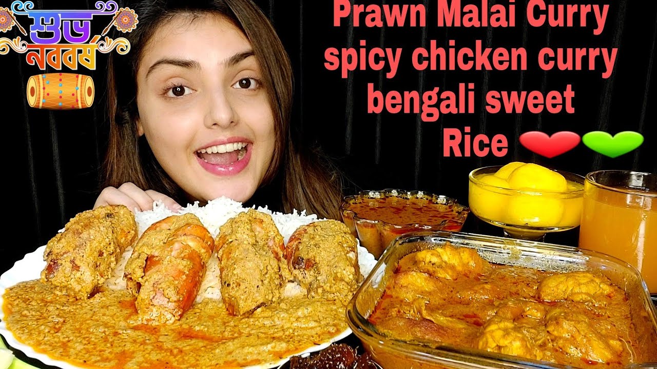 Bengali New Year Special Simple Platter🥰 | Prawn Malai Curry | Bengali Chicken Curry | Mukbang Asmr❤