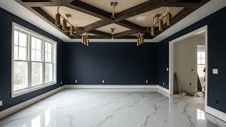 Dining Room — Structural ceiling grid with suspended lighting