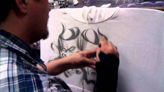 Chicano art smile now cry later drama masks  how to airbrush Tshirts script lettering all by Jaime R