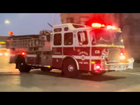 Lowell, MA Fire Department Engine 3, Ladder 3, and Rescue 1 responding