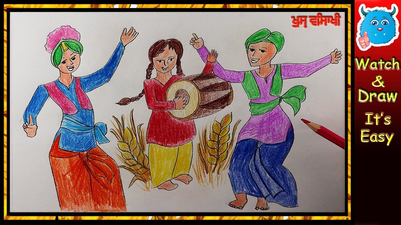 How to Draw Happy Baisakhi Cartoon Scene Drawing for Kids YouTube