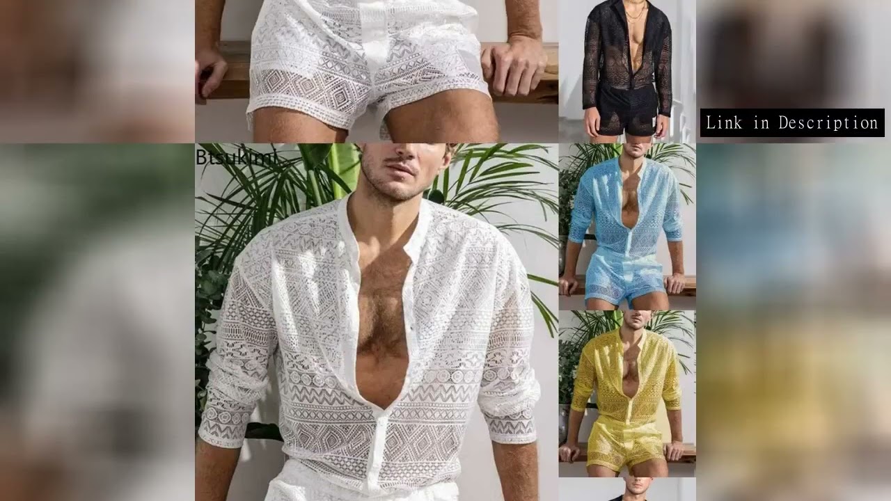 2025 Men's Summer Two Piece Suits Sets See Through Lace Outfits Beach Plain Pattern Print Long Sleev