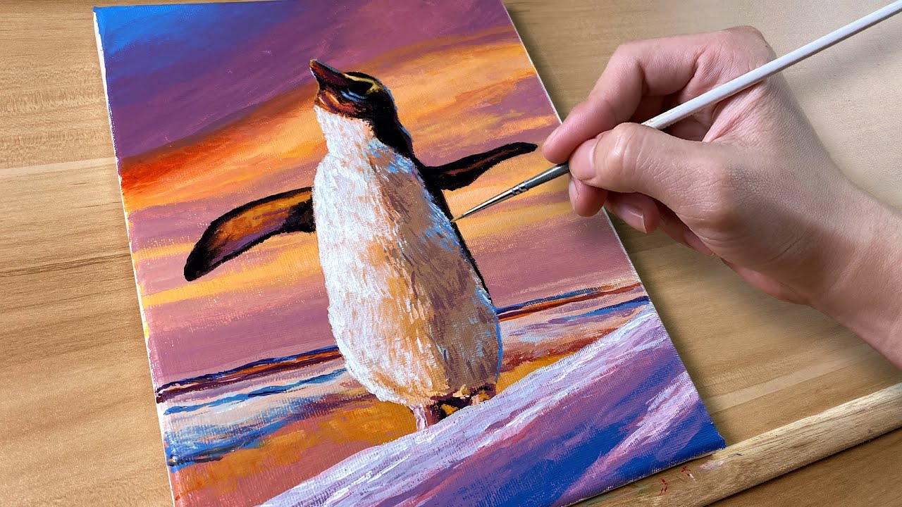 Penguin on Sunset / Acrylic Painting / Correa Art - YouTube