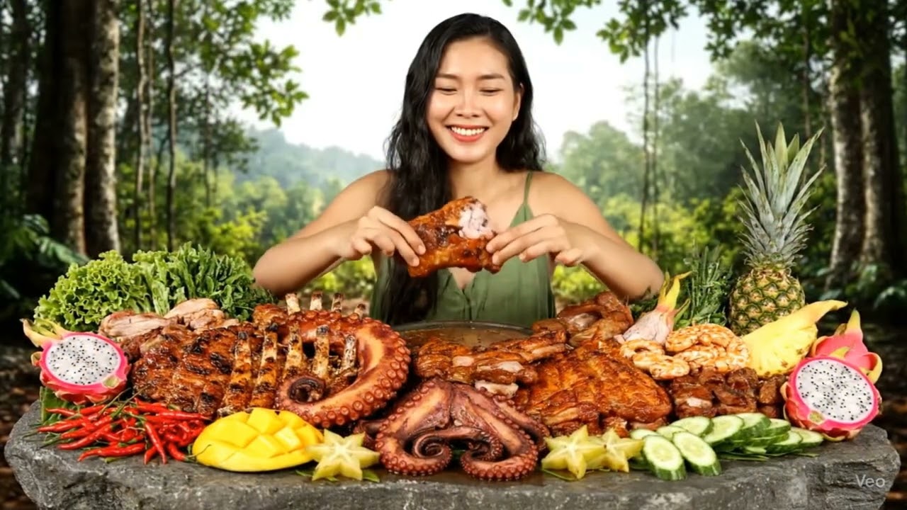 Jungle Feast with Crispy Pork & Grilled Octopus | ASMR Outdoor Cooking in the Wild