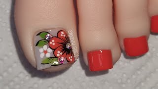 DISEÑO DE UÑAS COLOR NARANJA | UÑAS DE LOS PIES DECORADAS CON FLOR