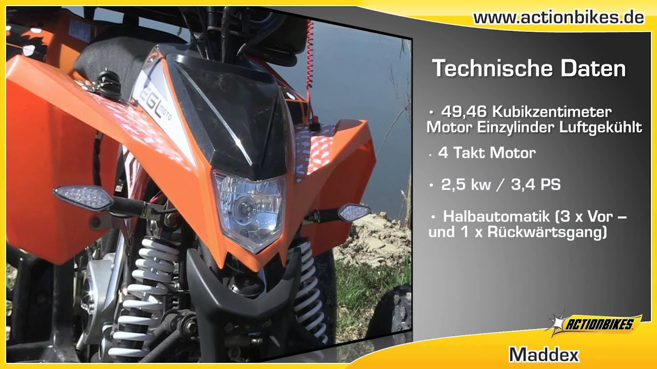 QUAD ATV MADDEX 50 CC 45 km/h MIT STRASSENZULASSUNG AB 16 JAHREN VON  ACTIONBIKES - YouTube