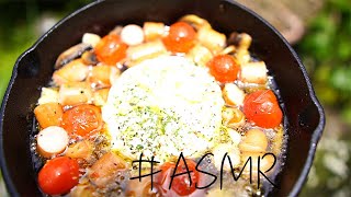 【ASMR】お庭でソロキャンプ飯　スキレットでカマンベールチーズinアヒージョを作ってみた　Stayhome