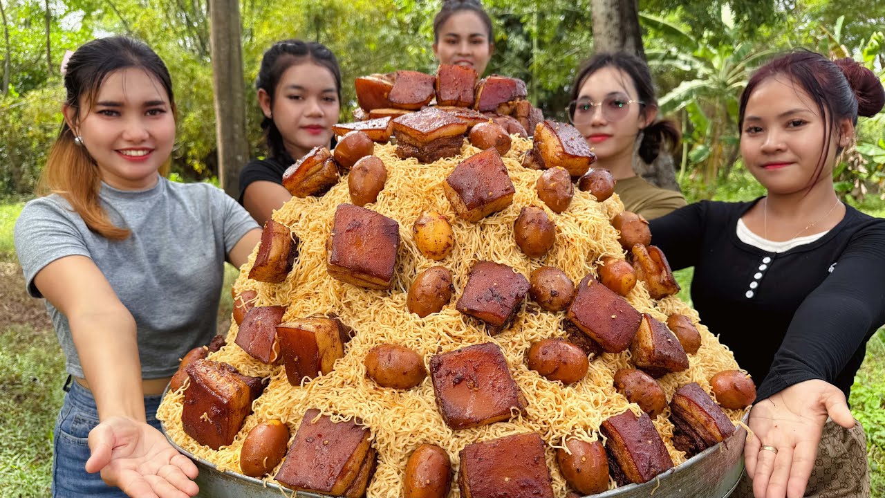 Amazing cooking pork braised with noodle recipe in my village