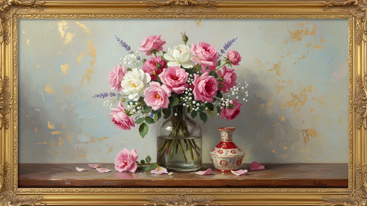 Pink Rose Still Life Painting | Elegant Floral Art for Frame TV & Classic Home Decor