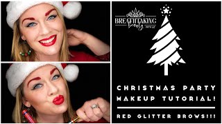 Easy Holiday Christmas Party Makeup Tutorial with Red Glitter Eyebrows