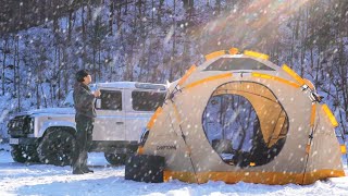 -18℃ Winter Camping, Yellow Submarine Tent in Snow / Land Rover DEFENDER 90