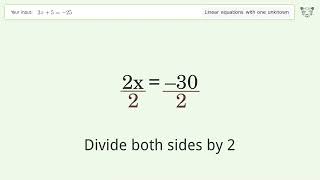 Solve 2x+5=-25: Linear Equation Video Solution | Tiger Algebra