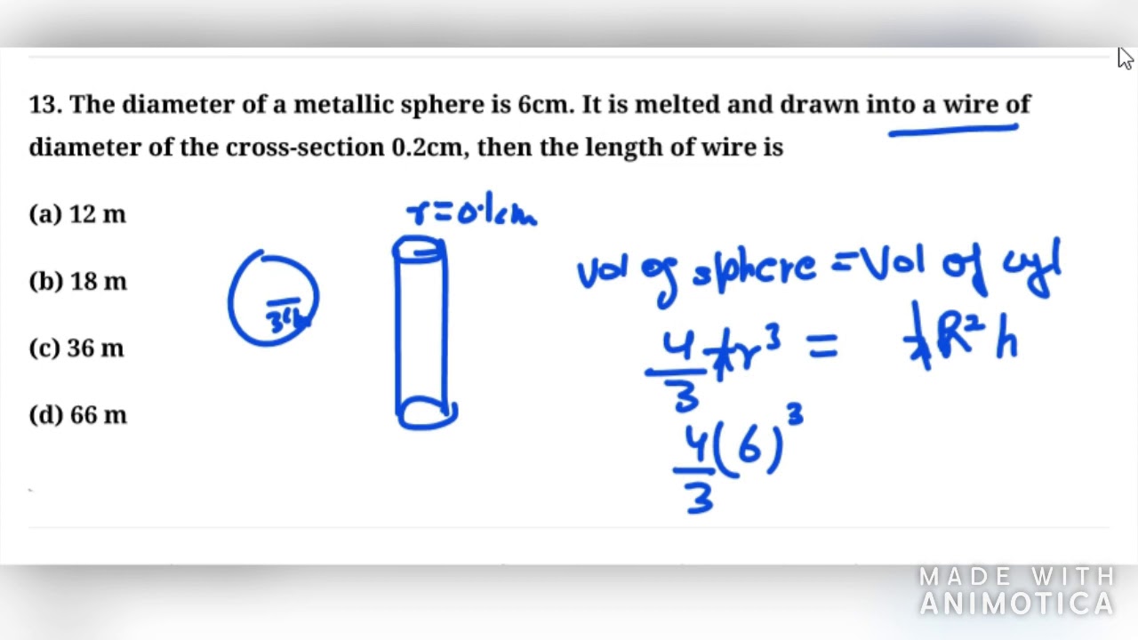 The diameter of a metallic sphere is 6cm It is melted and drawn into a