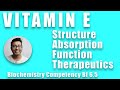 Vitamin E - Structure, Absorption, Transport, Biochemical role as antioxidant and therapeutics.