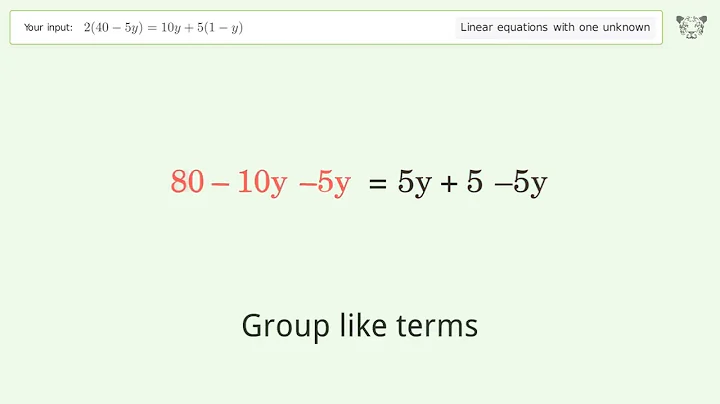 Linear equation with one unknown: Solve 2(40-5y)=10y+5(1-y) step-by-step solution