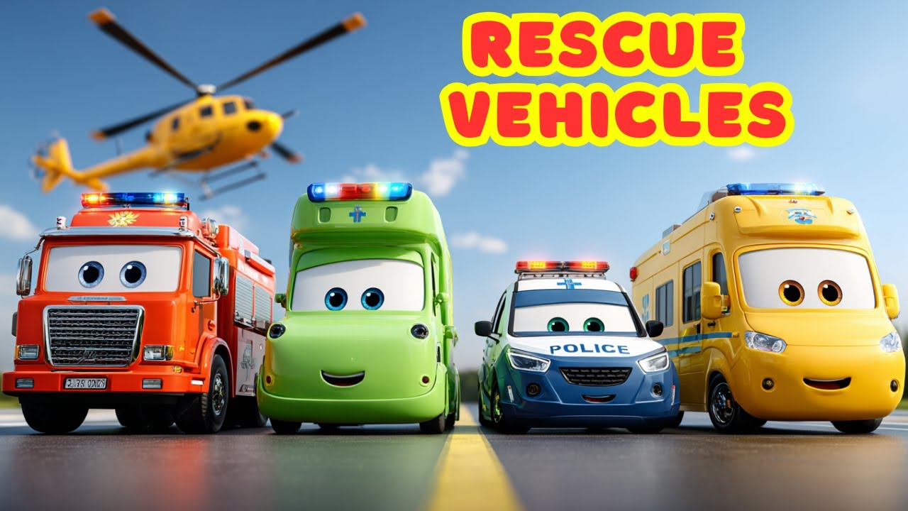 Rescue vehicles for kids! Fire truck, ambulance, police car & helicopter — sing and move!