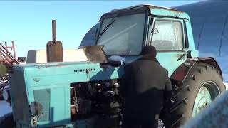 Долгий зимний пуск трактора МТЗ-80 с пускача.