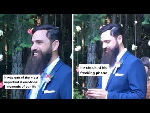 Groom checking his phone while bride walks down aisle (Viral Video)
