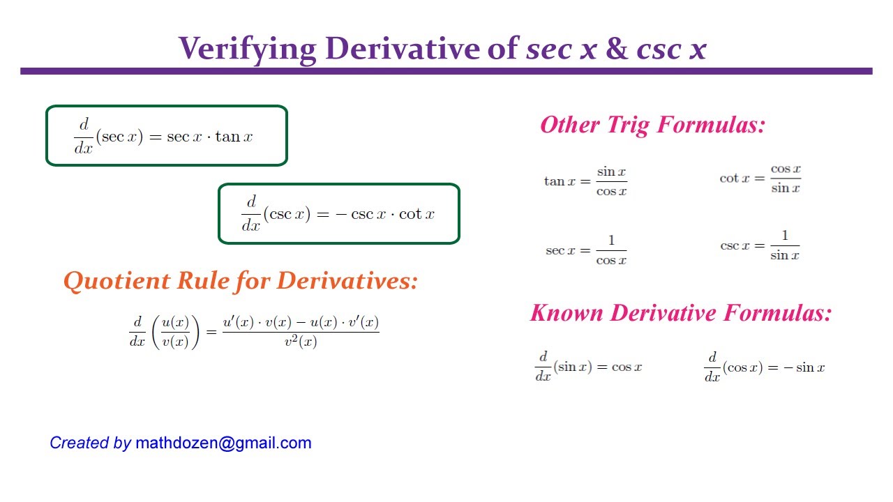 Verifying Derivatives with Quotient Rule sec x & csc x p1 (Calculus I