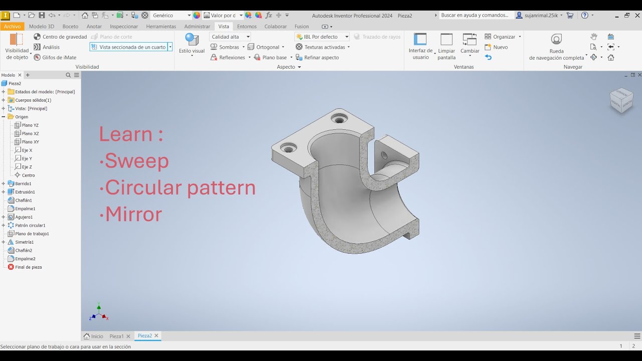 Inventor - learn sweep, circular pattern, mirror -Flanged elbow pipe fitting