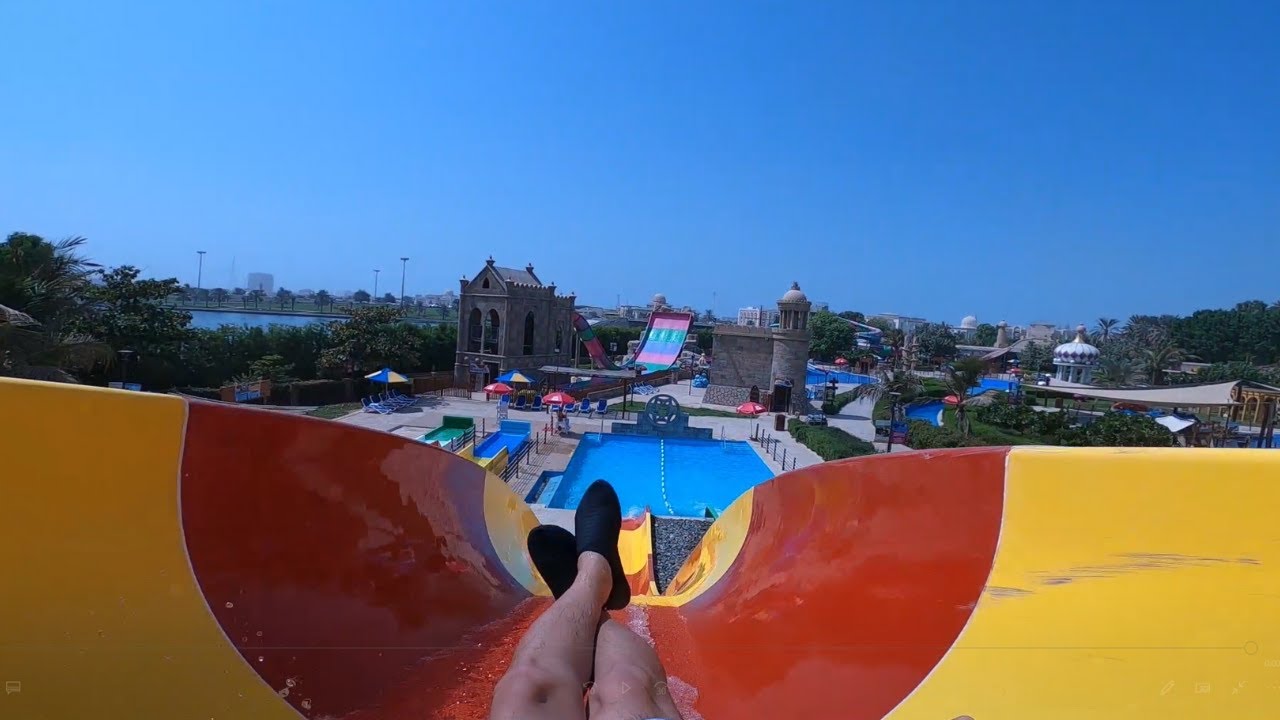 Yellow and Orange Waterslides in Al Montazah WaterPark Sharjah UAE 🇦🇪