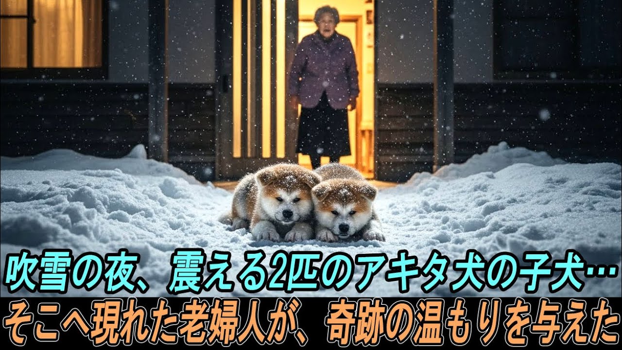 吹雪の夜、震える2匹のアキタ犬の子犬…そこへ現れた老婦人が、奇跡の温もりを与えた。