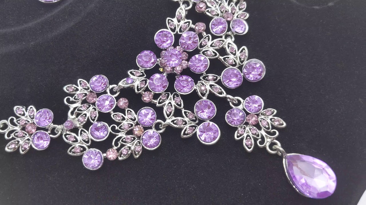 VIOLET LAVENDER PURPLE SHINY CRYSTALS FLOWERS GARDEN STATEMENT NECKLACE EARRINGS JEWELRY FASHION