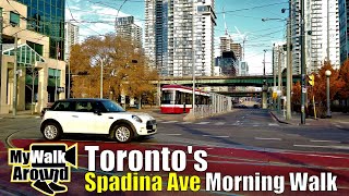 Sunny Spadina Ave morning walk in Toronto from Queens Quay to Dupont Subway Station (Toronto 4k vid)