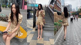 Polka Dot Bodycon Skirt Street Style｜Long Hair \u0026 Long Legs 街拍｜도트 타이트 스커트 스트리트 패션